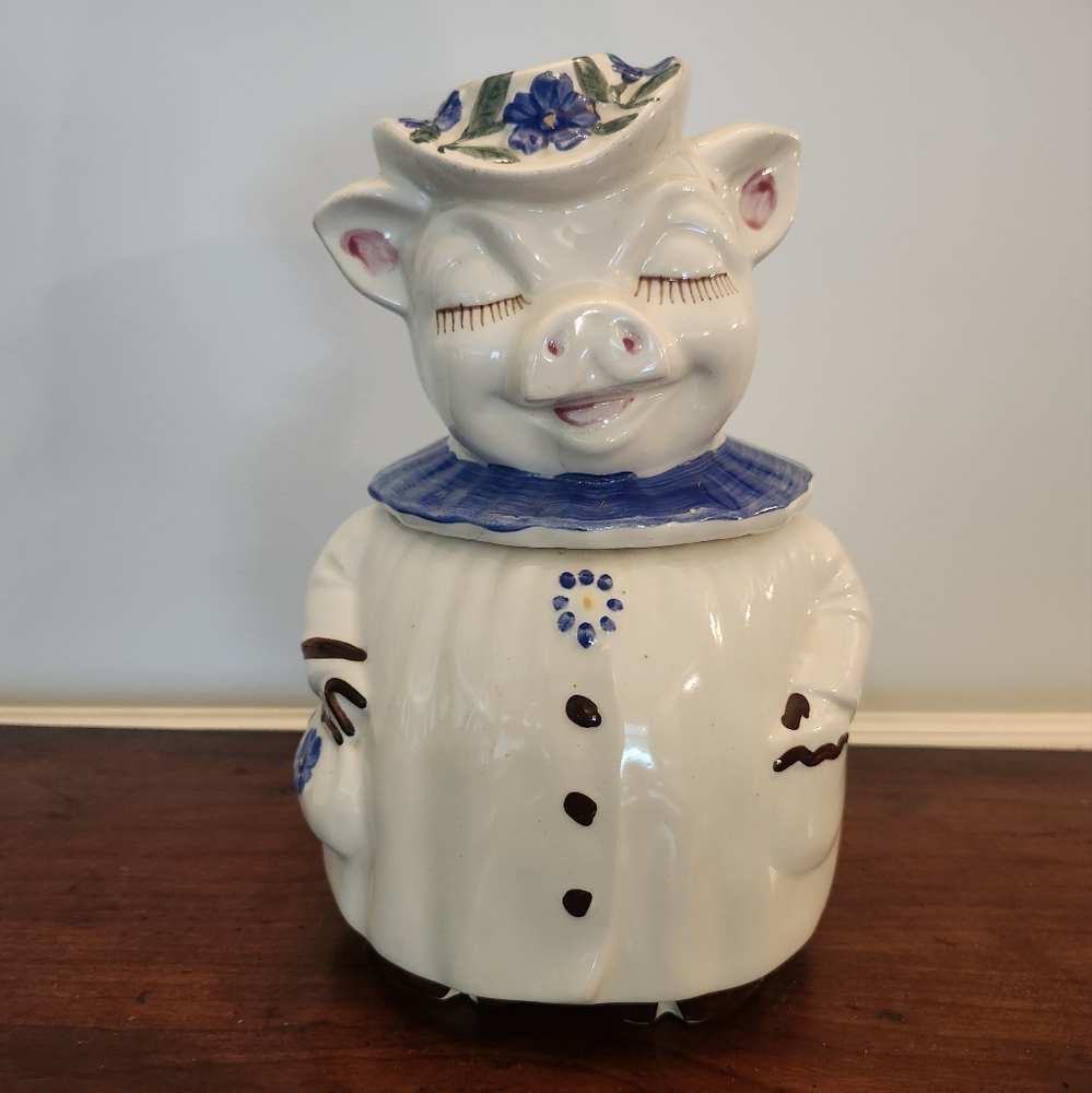 VTG 1940’s Shawnee Smiley Winnie Pig Cookie Jar 12" USA Blue Floral